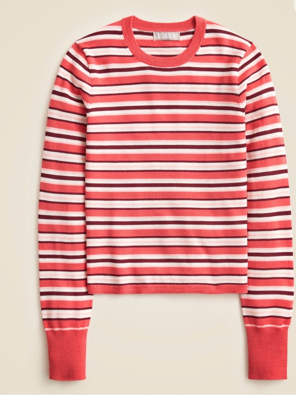 J. Crew Coral, Pink & Burgundy Striped Crewneck Sweater